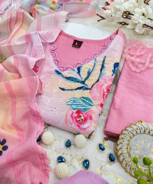 Elegant Peach Schiffli Linen Suit Set with Handwork, Digital Print & Chanderi Silk Bottom-6