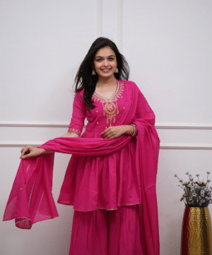 Mulmul Cotton 60.60 Embroidered Sharara Set with Gota Work Dupatta-2