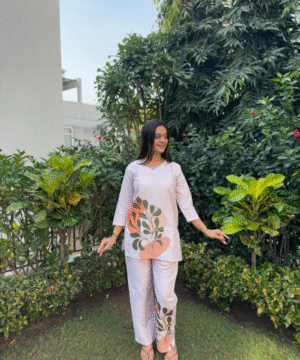 Off-White Digital Printed Cotton Straight Kurta Set with Palazzo & Side Pockets