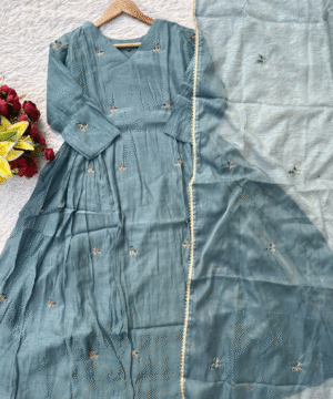 Premium Mul Chanderi Anarkali Kurta Set with All-Over Handwork & Silk Bottom-2