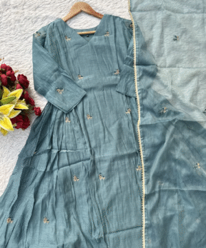 Premium Mul Chanderi Anarkali Kurta Set with All-Over Handwork & Silk Bottom-3