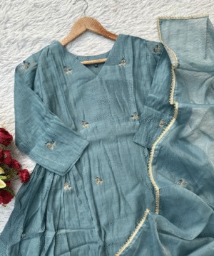 Premium Mul Chanderi Anarkali Kurta Set with All-Over Handwork & Silk Bottom-6