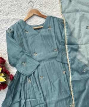 Premium Mul Chanderi Anarkali Kurta Set with All-Over Handwork & Silk Bottom-8