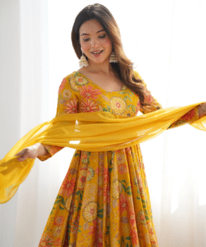 Pure Romansilk Chanderi Discharge Print Kediya Kurta Set with Dupatta & Palazzo