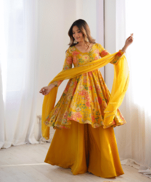 Pure Romansilk Chanderi Discharge Print Kediya Kurta Set with Dupatta & Palazzo-4