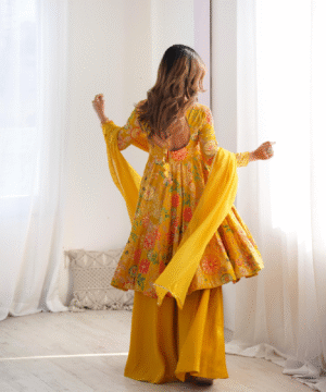Pure Romansilk Chanderi Discharge Print Kediya Kurta Set with Dupatta & Palazzo-5