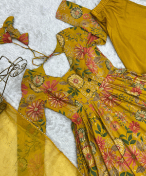 Pure Romansilk Chanderi Discharge Print Kediya Kurta Set with Dupatta & Palazzo-9