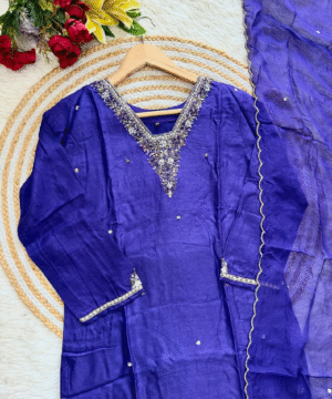 ​Elegant Purple Festival Kurta Set with Handwork Yoke & Sleeves, Silk Bottom, and Organza Dupatta​-2