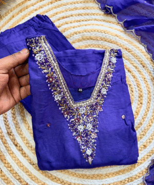 ​Elegant Purple Festival Kurta Set with Handwork Yoke & Sleeves, Silk Bottom, and Organza Dupatta​