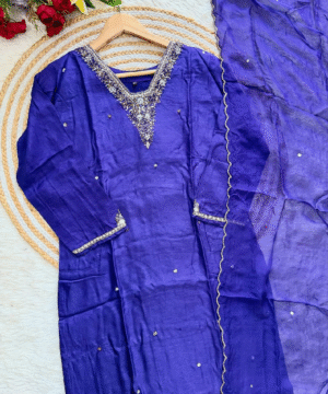 ​Elegant Purple Festival Kurta Set with Handwork Yoke & Sleeves, Silk Bottom, and Organza Dupatta​-4