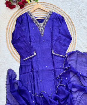 ​Elegant Purple Festival Kurta Set with Handwork Yoke & Sleeves, Silk Bottom, and Organza Dupatta​-5