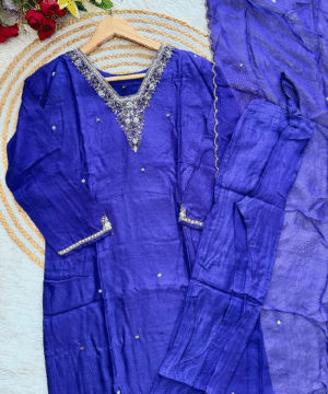 ​Elegant Purple Festival Kurta Set with Handwork Yoke & Sleeves, Silk Bottom, and Organza Dupatta​-7