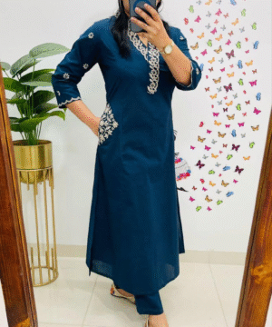 Ethnic Fine Cotton Top & Pant Set with Heavy Yoke Embroidery and Pocket Detailing-2