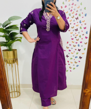 Ethnic Fine Cotton Top & Pant Set with Heavy Yoke Embroidery and Pocket Detailing