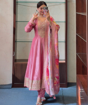 NEW PRIYA Anarkali Flared Kurti Set in Banana Silk with Banarasi Dupatta & Golden Zari Work-2