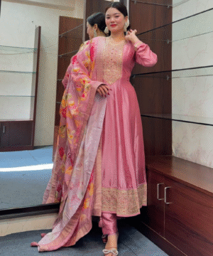 NEW PRIYA Anarkali Flared Kurti Set in Banana Silk with Banarasi Dupatta & Golden Zari Work