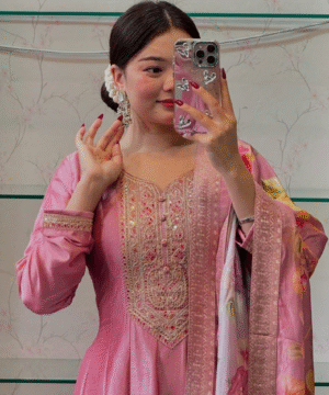 NEW PRIYA Anarkali Flared Kurti Set in Banana Silk with Banarasi Dupatta & Golden Zari Work-4