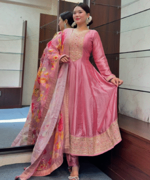 NEW PRIYA Anarkali Flared Kurti Set in Banana Silk with Banarasi Dupatta & Golden Zari Work-5