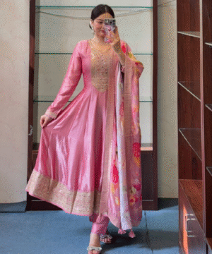 NEW PRIYA Anarkali Flared Kurti Set in Banana Silk with Banarasi Dupatta & Golden Zari Work-9