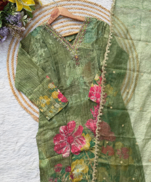 Premium Printed Tissue Silk Kurti Set with Handcrafted Viscose Organza Dupatta-2