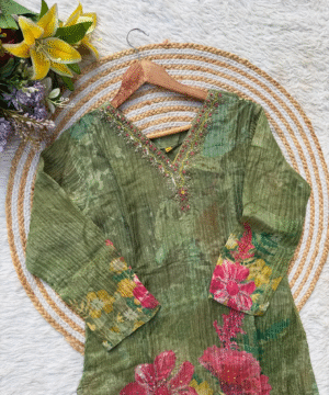 Premium Printed Tissue Silk Kurti Set with Handcrafted Viscose Organza Dupatta-3
