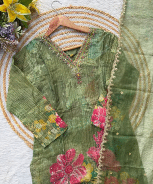 Premium Printed Tissue Silk Kurti Set with Handcrafted Viscose Organza Dupatta