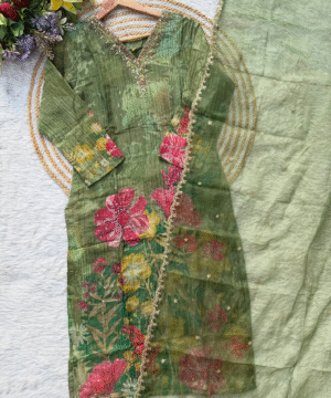 Premium Printed Tissue Silk Kurti Set with Handcrafted Viscose Organza Dupatta-4