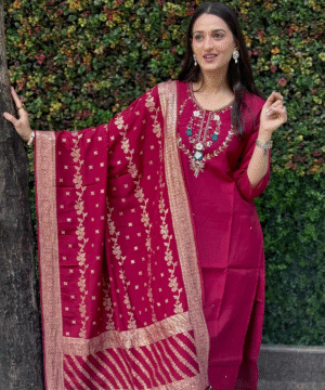 Designer Cherry Roman Silk Kurti Pant Set with Heavy Jacquard Dupatta & Handwork – NF2638 (2)
