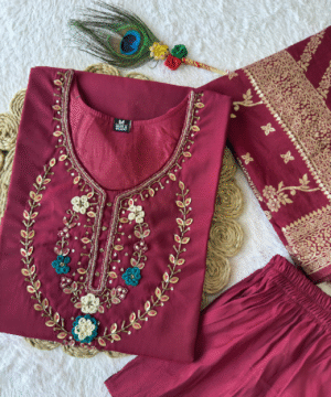 Designer Cherry Roman Silk Kurti Pant Set with Heavy Jacquard Dupatta & Handwork – NF2638 (3)