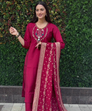 Designer Cherry Roman Silk Kurti Pant Set with Heavy Jacquard Dupatta & Handwork – NF2638