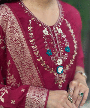 Designer Cherry Roman Silk Kurti Pant Set with Heavy Jacquard Dupatta & Handwork – NF2638 (4)