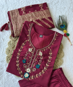 Designer Cherry Roman Silk Kurti Pant Set with Heavy Jacquard Dupatta & Handwork – NF2638 (5)