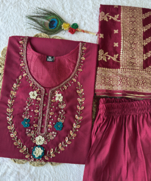Designer Cherry Roman Silk Kurti Pant Set with Heavy Jacquard Dupatta & Handwork – NF2638 (7)