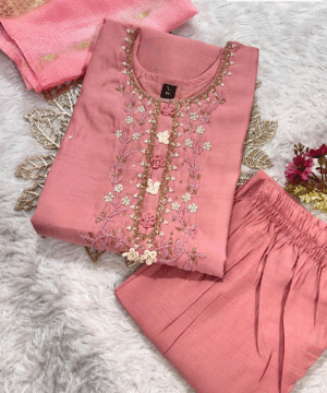 Designer Roman Silk Kurti Pant Dupatta Set with Hand Work – NF3813