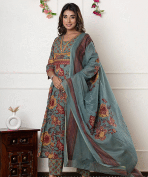 Elegant Flared Anarkali Cotton Kurta Set with Dupatta (12)