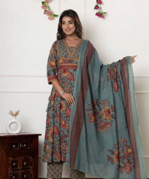 Elegant Flared Anarkali Cotton Kurta Set with Dupatta (2)