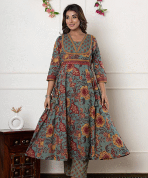 Elegant Flared Anarkali Cotton Kurta Set with Dupatta (4)