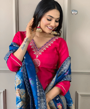 Elegant Heavy Embroidered Viscose Chanderi Kurti Set with Jacquard Dupatta – 3 Piece Stitched Suit (1)