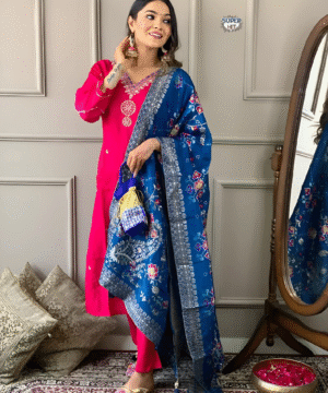 Elegant Heavy Embroidered Viscose Chanderi Kurti Set with Jacquard Dupatta – 3 Piece Stitched Suit (2)