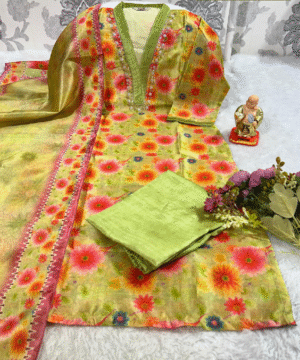 Exclusive Handwork Kurti Pant Dupatta Set in Jarna Silk – Printed Dupatta (2)