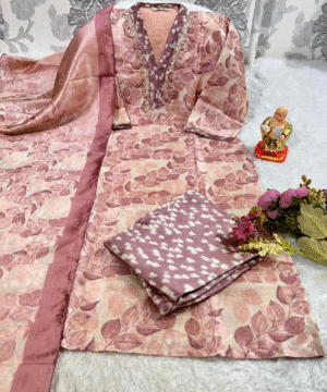 Exclusive Handwork Kurti Pant Dupatta Set in Jarna Silk – Printed Dupatta (4)