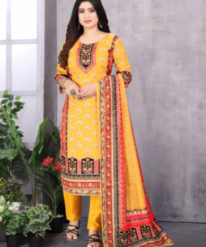 Jaipuri Printed Maslin Kurta Set with Sequence Work & Lace Dupatta – Hot Yellow