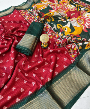 Kalamkari Print Soft Dola Cotton Saree with Jacquard Kanjivaram Zari Border & Blouse – NF2684__ (1)