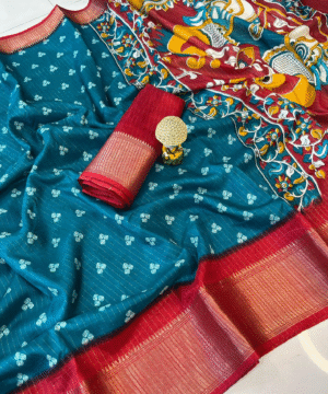 Kalamkari Print Soft Dola Cotton Saree with Jacquard Kanjivaram Zari Border & Blouse – NF2684__ (2)