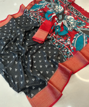 Kalamkari Print Soft Dola Cotton Saree with Jacquard Kanjivaram Zari Border & Blouse – NF2684__ (3)