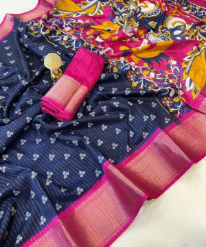 Kalamkari Print Soft Dola Cotton Saree with Jacquard Kanjivaram Zari Border & Blouse – NF2684__ (4)