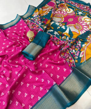 Kalamkari Print Soft Dola Cotton Saree with Jacquard Kanjivaram Zari Border & Blouse – NF2684__ (5)