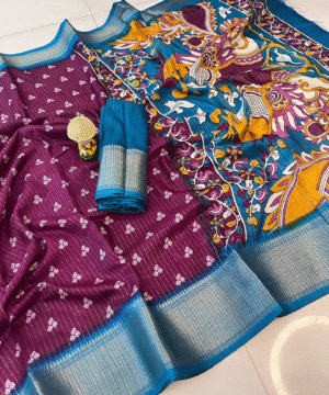 Kalamkari Print Soft Dola Cotton Saree with Jacquard Kanjivaram Zari Border & Blouse – NF2684__ (7)