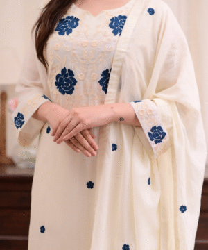 MAITHILI by Vanray – Embroidered Rayon Slub Kurti Set with Chanderi Dupatta _ 3-Piece Party Wear (1)
