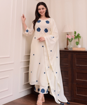 MAITHILI by Vanray – Embroidered Rayon Slub Kurti Set with Chanderi Dupatta _ 3-Piece Party Wear (2)